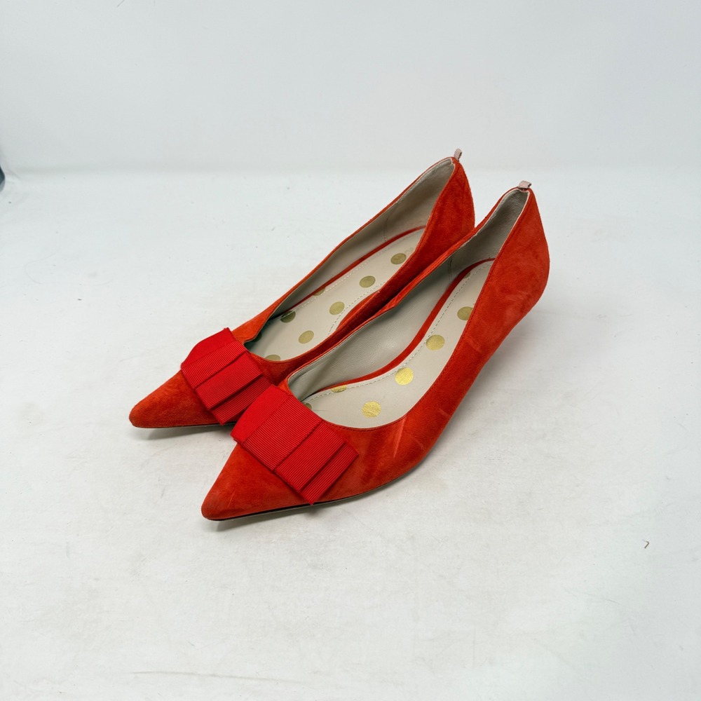 Boden Kitten Heels Red 40 Suede Pointed Toe Bow Polka Dot Pumps Preppy Parisian